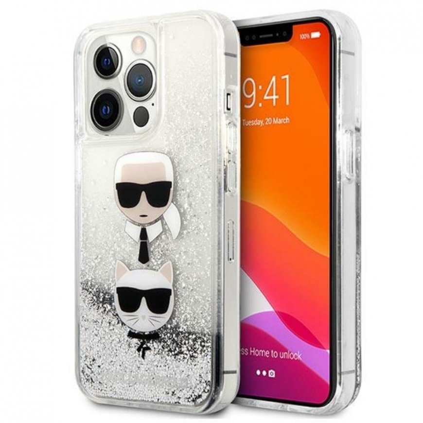 Karl Lagerfeld KLHCP13XKICGLS iPhone 13 Pro Max 6.7 inch Silver/Silver Hard Case Liquid Glitter Karl&Choupette Head – 3