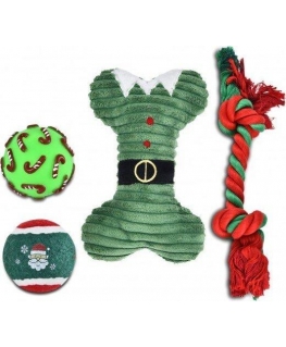 Barry King Dog Toy Set: Vinyl Ball 6.7cm, Tennis Ball 6.3cm, Plush Bone 21cm, Rope 32cm, Green, 4pcs/pack.