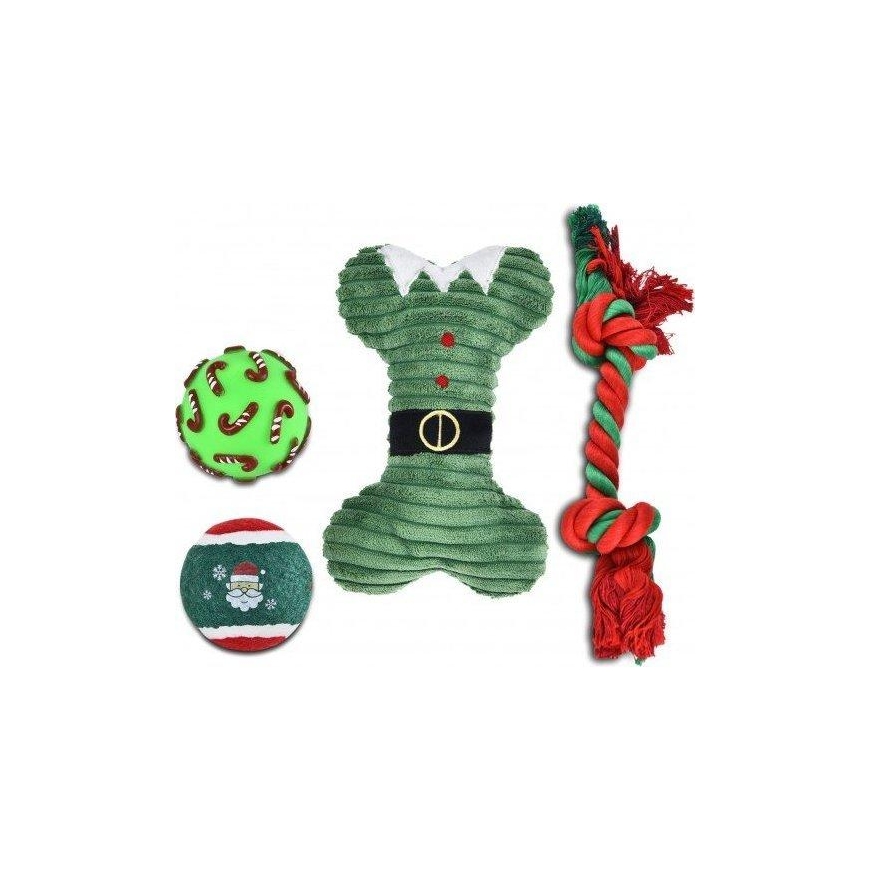 Barry King Dog Toy Set: Vinyl Ball 6.7cm, Tennis Ball 6.3cm, Plush Bone 21cm, Rope 32cm, Green, 4pcs/pack.