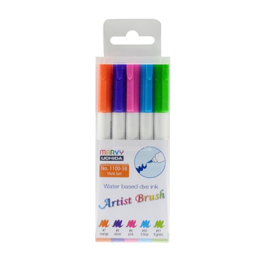 Marvy Uchida MARVY flomasteriai teptukiniu antgaliu Artist Vivid, 5 vnt.