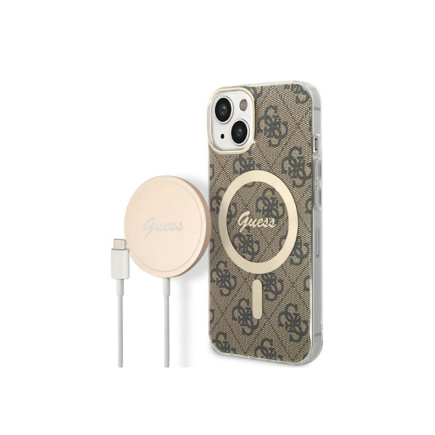 Guess set case + charger for iPhone 14 Plus 6,7" GUBPP14MH4EACSW brown hard case 4G Print MagSafe