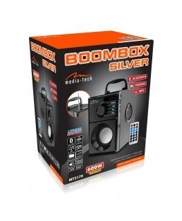 Media-Tech BOOMBOX Silver - Bluetooth speaker with built in woofer, FM radio, MP3 player, lithium battery, 600W PMPO. incl. IR r