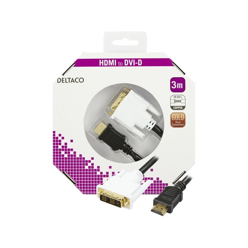 Deltaco HDMI-113-K video kabeļu aksesuārs 3 m HDMI Type A (Standard) DVI-D Melns, Balts – 2
