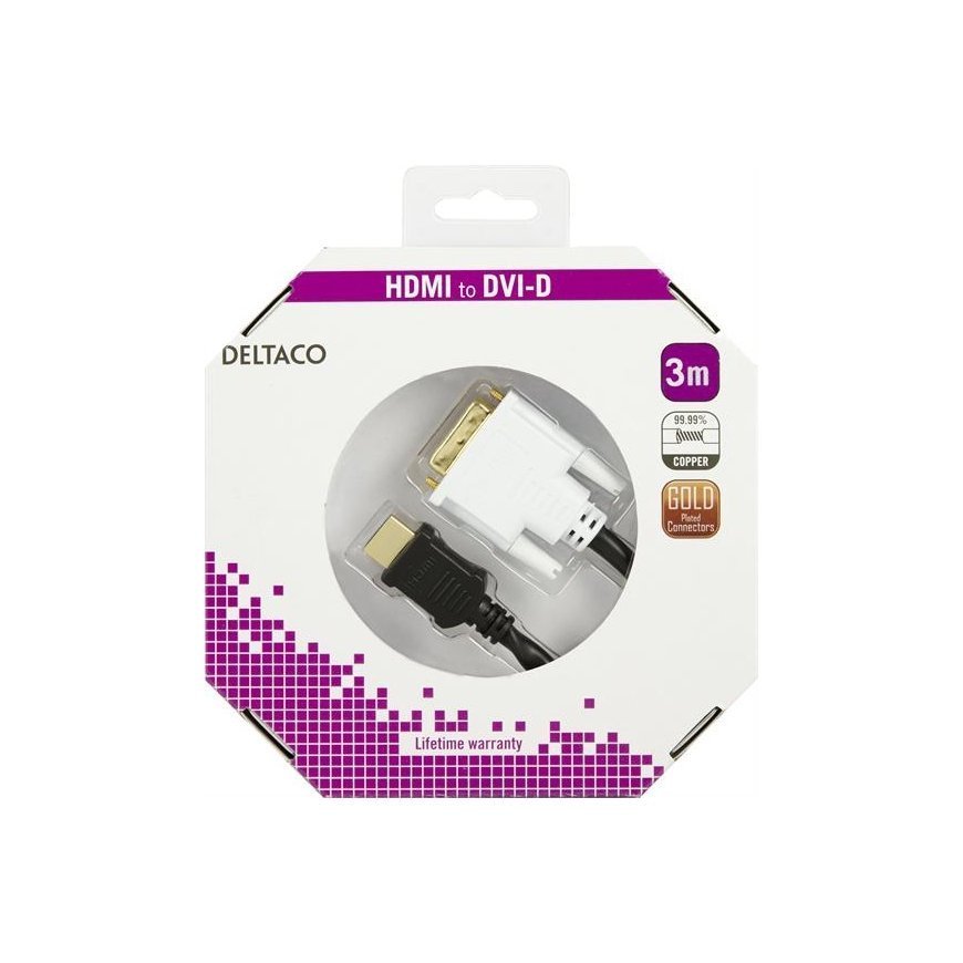 Deltaco HDMI-113-K video cable adapter 3 m HDMI Type A (Standard) DVI-D Black, White – 3