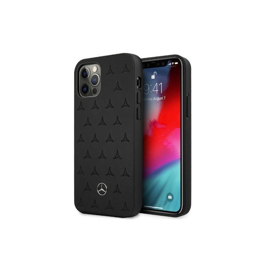 Mercedes MEHCP12LPSQBK iPhone 12 Pro Max 6,7 colių, juodos spalvos kietas dėklas, odinis žvaigždžių raštas