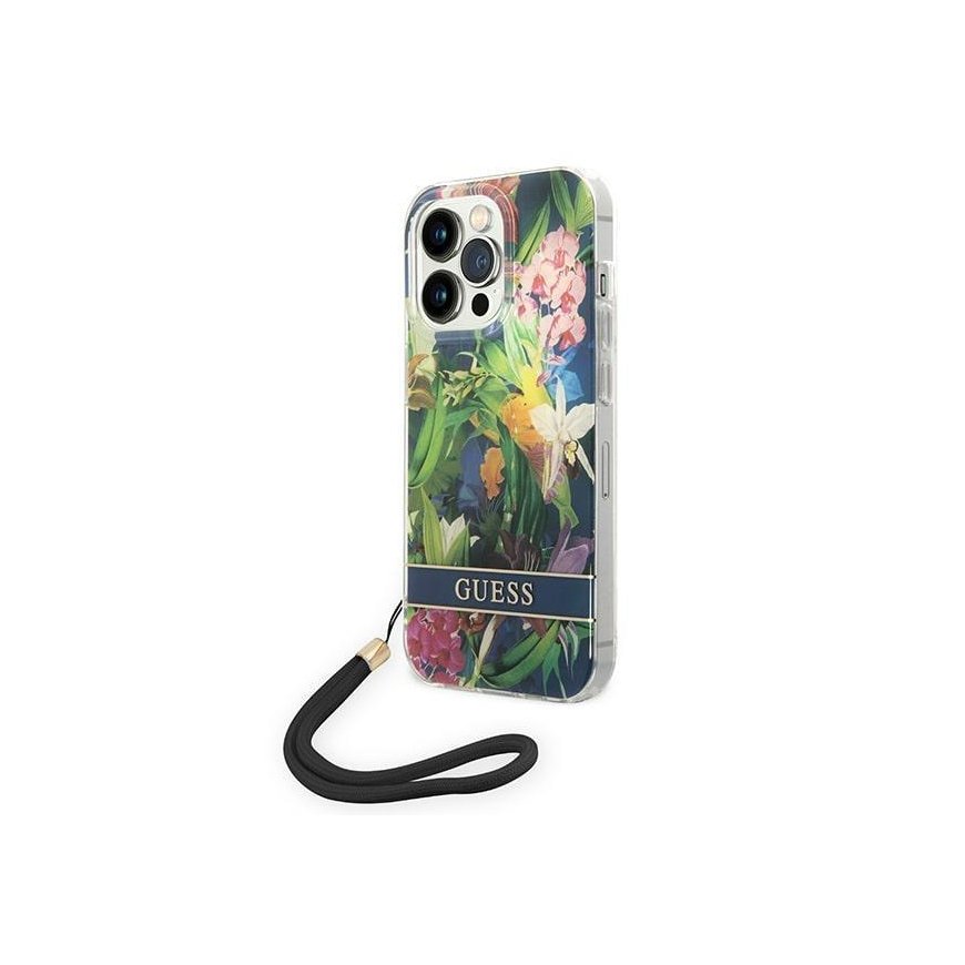 Case Guess GUOHCP14XHFLSB iPhone 14 Pro Max 6.7 inch Blue / Blue Hard Case Flower Strap