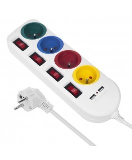 Maclean power strip, extension 4 sockets + 2xUSB, with switches, 250VAC/10A, 2.1A 5V, 1.5m, white, MCE229 W