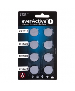 8 litija bateriju komplekts everActive 4 x CR2032, 2 x CR2025, 2 x CR2016