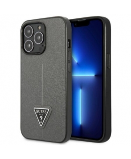 Dėklas Guess GUHCP14LPSATLG iPhone 14 Pro 6,1 colio sidabrinis / sidabrinis kietas SaffianoTriangle logotipas