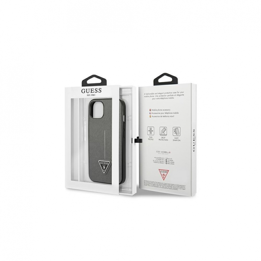 Dėklas Guess GUHCP14MPSATLG iPhone 14 Plus 6,7 colio sidabrinis / sidabrinis kietas SaffianoTriangle logotipas – 5
