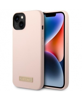 Guess GUHMP14MSBPLP iPhone 14 Plus 6,7 colių rožinis / rožinis kietas dėklas, silikoninis logotipas MagSafe
