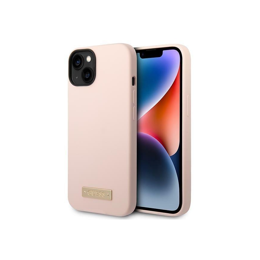 Guess GUHMP14MSBPLP iPhone 14 Plus 6,7 colių rožinis / rožinis kietas dėklas, silikoninis logotipas MagSafe