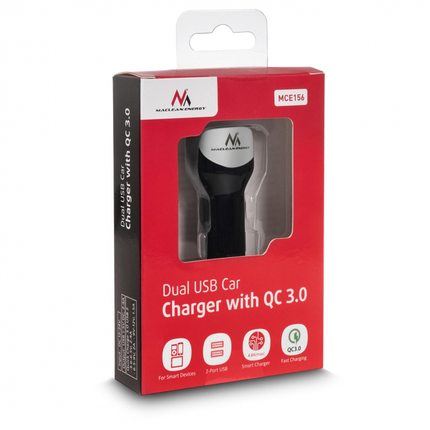 MACLEAN MCE157 Maclean MCE157 Automobilinis pakrovėjas max4,8A 2xUSB Qualcomm QC QC 3.0 plus 1,5m sidabrinis – 2