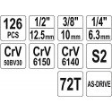 YATO TOOL SET 126 pcs. 1/2" / 3/8" / 1/4" 38875