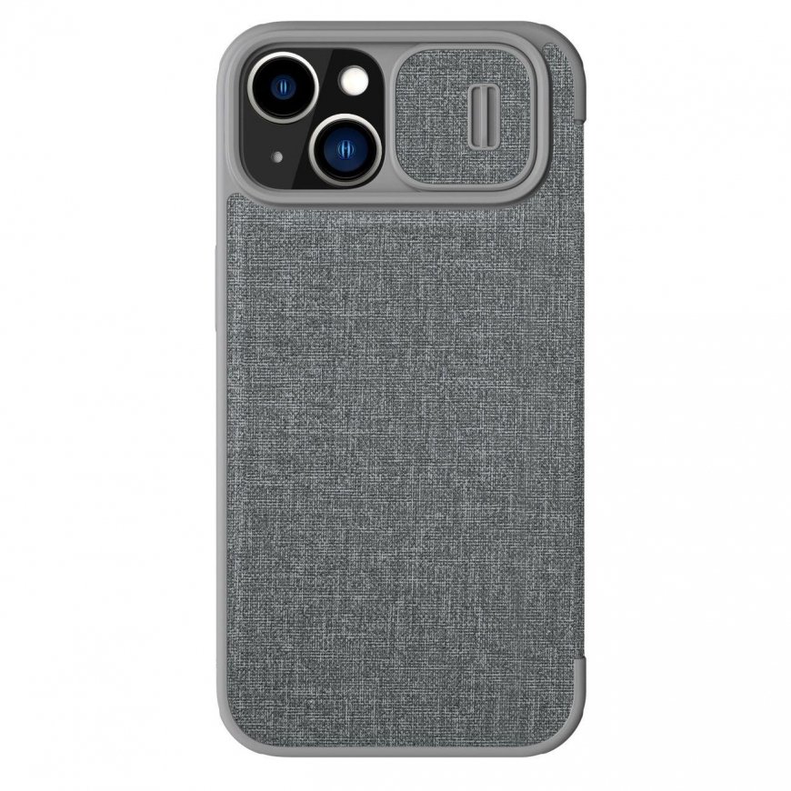 Nillkin Qin Cloth Pro case for iPhone 14 Plus camera protection.