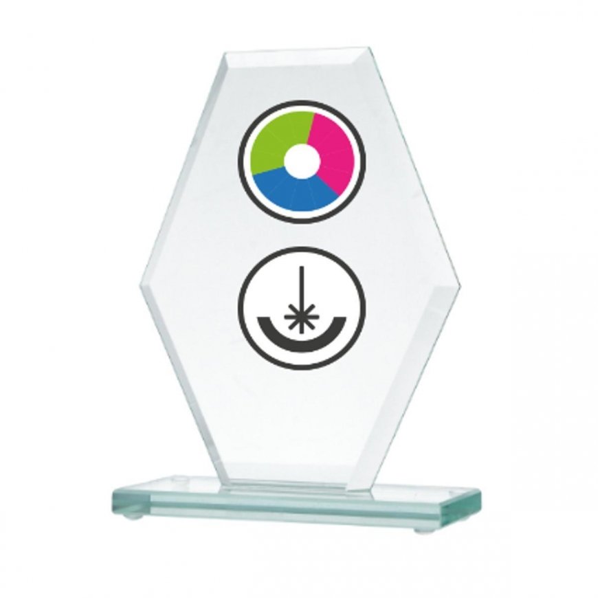 Detail Glass trophy with LuxorJet color printing, engraving and paint filling