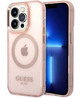Guess Translucent MagSafe suderinamas dėklas, skirtas iPhone 14 Pro Max Rožinė