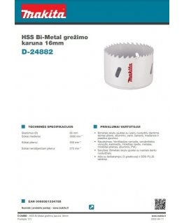 Makita D-24882 HSS Bi-Metal gręžimo karūna 65mm