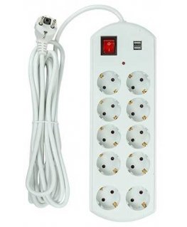 Šakotuvas EXD Buitinis ilgiklis 5m, 10 lizdų, 2x USB, su jungikliu