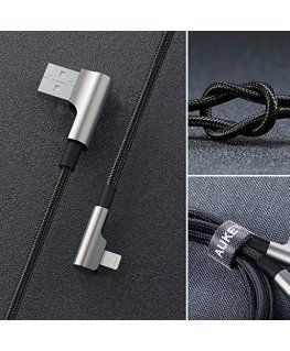 Aukey cb-al01 juodas oem nailono usb - žaibo kabelis | 2m | 90 laipsnių kištukai | mfi sertifikatas