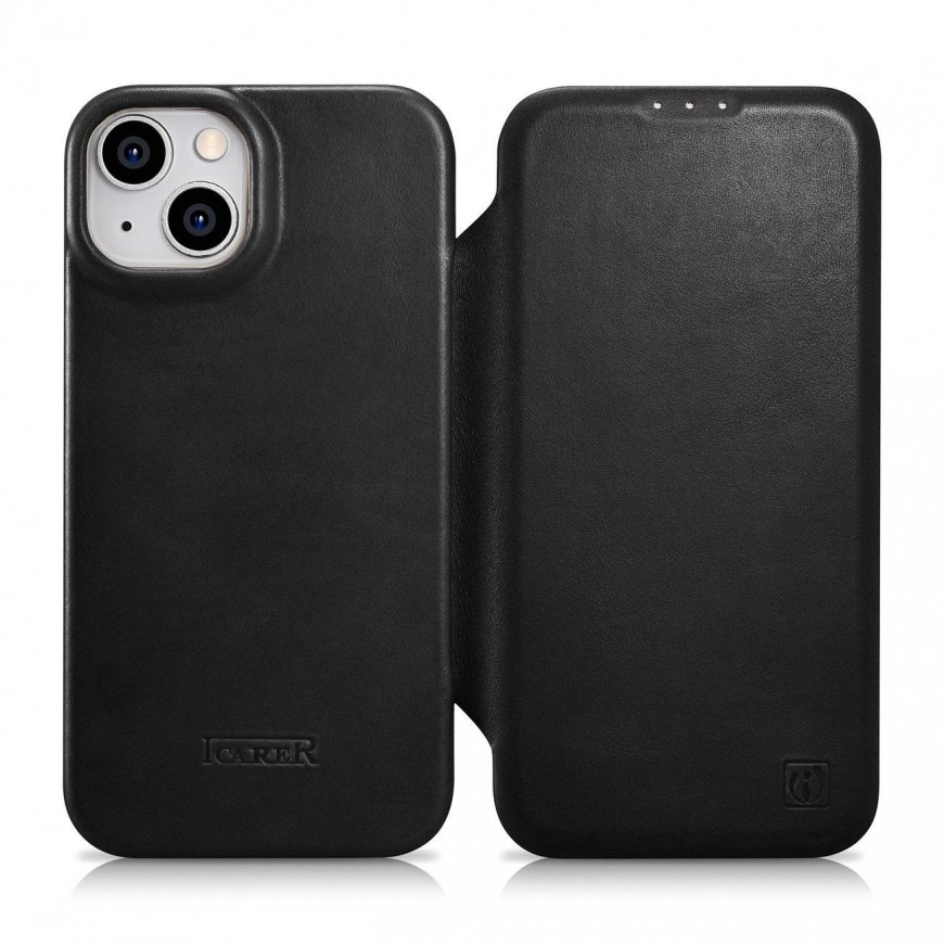 „iCarer CE Oil Wax Premium Leather Folio Case“ Odinis dėklas „iPhone 14 Plus“ magnetinis atverčiamas „MagSafe Juodas“ (AKI142207