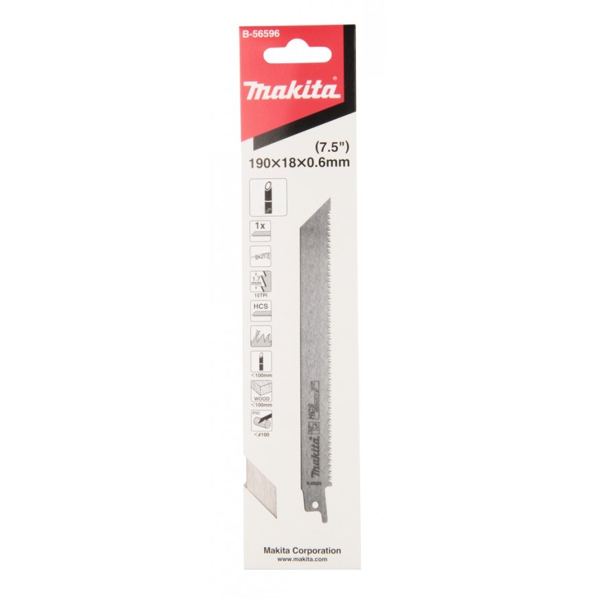 Makita B-56596 Tiesinio pjūklo pjūklelis HCS 190X0,6MM 15Tpi, 1vnt., bambukui φ100mm, medžiui 100mm, PVC – 2