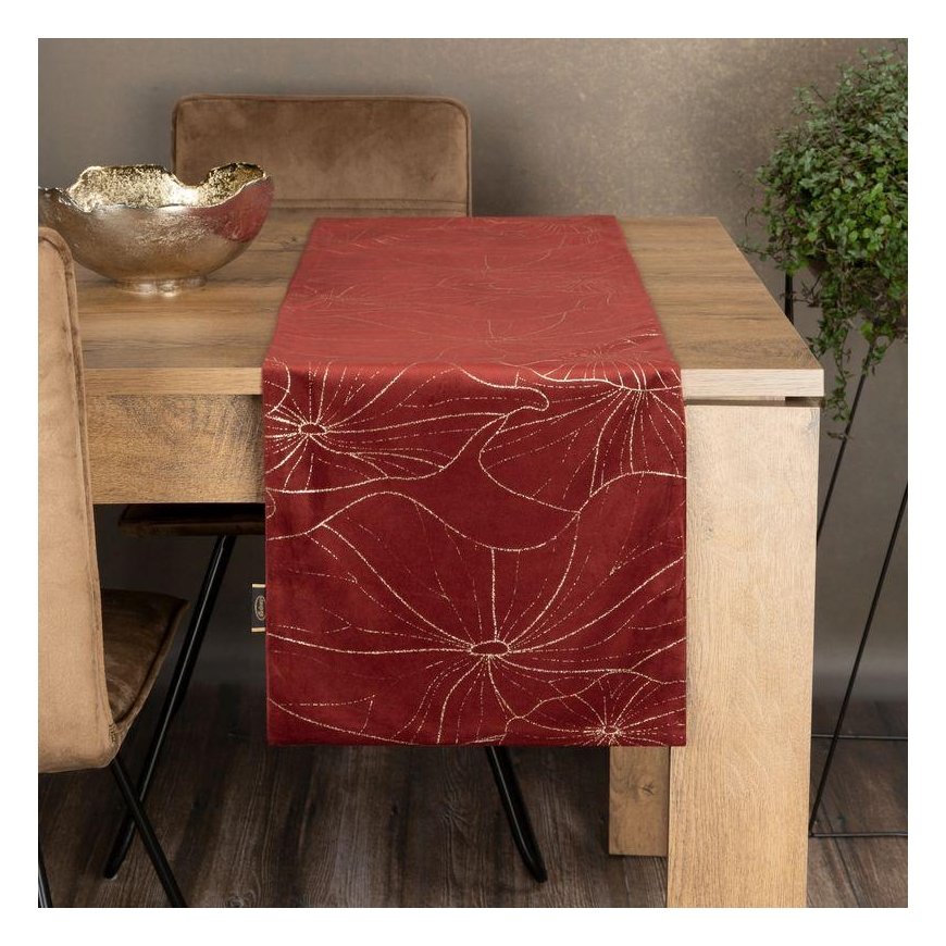 Eurofirany BLINK / 18 Velvet table runner with water lily leaf pattern, 35X180 cm, color: brick – 2