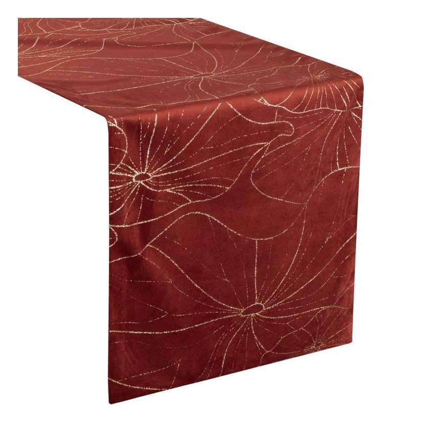 Eurofirany BLINK / 18 Velvet table runner with water lily leaf pattern, 35X180 cm, color: brick – 3