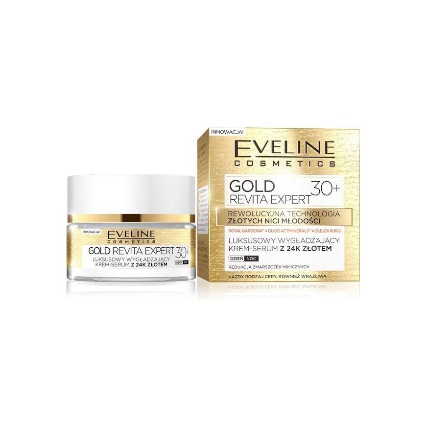 Eveline Cosmetics Eveline Gold Revita Expert 30+ kreminis-serumas glotninamasis dieninis ir naktinis 50ml