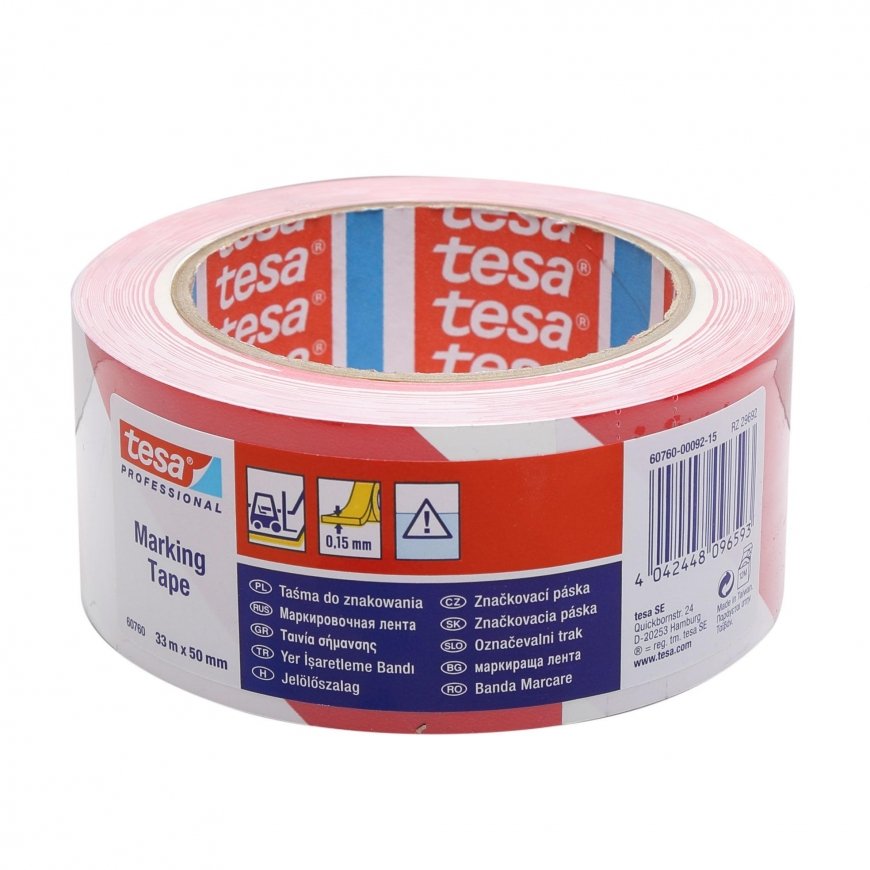 Warning tape Tesa, 33 m 50 mm, white/red – 2