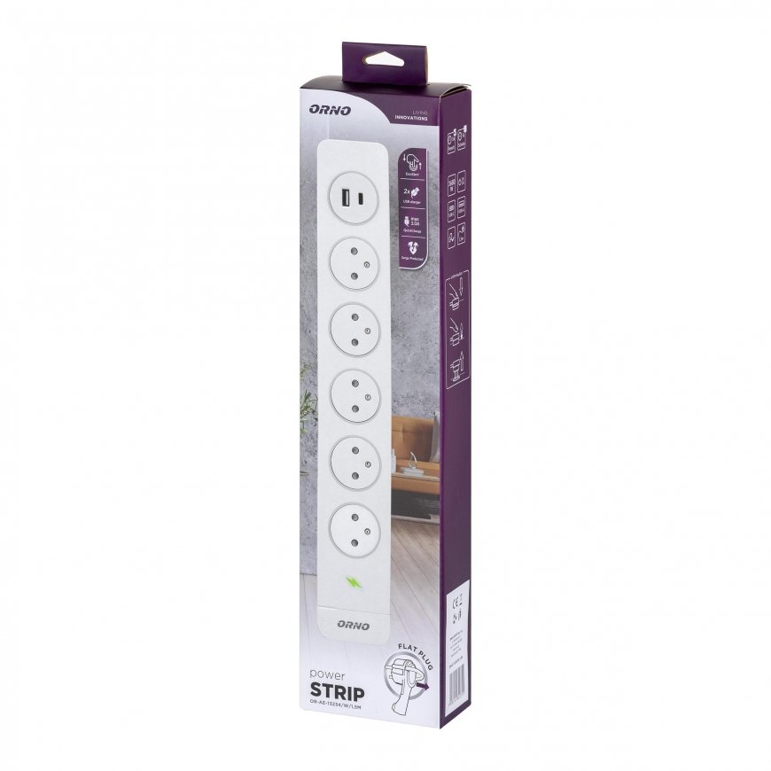 Orno Surge protection 5 sockets 2P+Z type EasyEject, cable 1.5m (3x1.5mm2), with illuminated switch and 2 fast USB A + C charger – 2