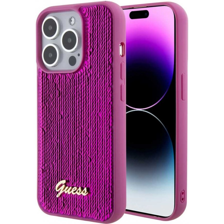 Case Guess Sequin Script Logo Case for iPhone 15 Magenta
