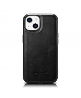 iCarer Leather Oil Wax dėklas, padengtas natūralia oda, skirtas iPhone 14 Plus juodas (WMI14220719-BK)