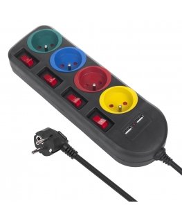 Maclean maitinimo juostelė, ilgintuvas 4 lizdai + 2xUSB, su jungikliais, 250VAC/10A, 2.1A 5V, 1.5m, juodas, MCE229 B