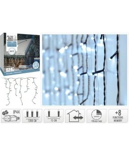 KOOPMAN LAMPKI CHOINKOWE KURTYNA ŚWIETLNA ZEW 360 LED STEROWNIK TIMER ZIMNY BALTA KABELIS Žalias