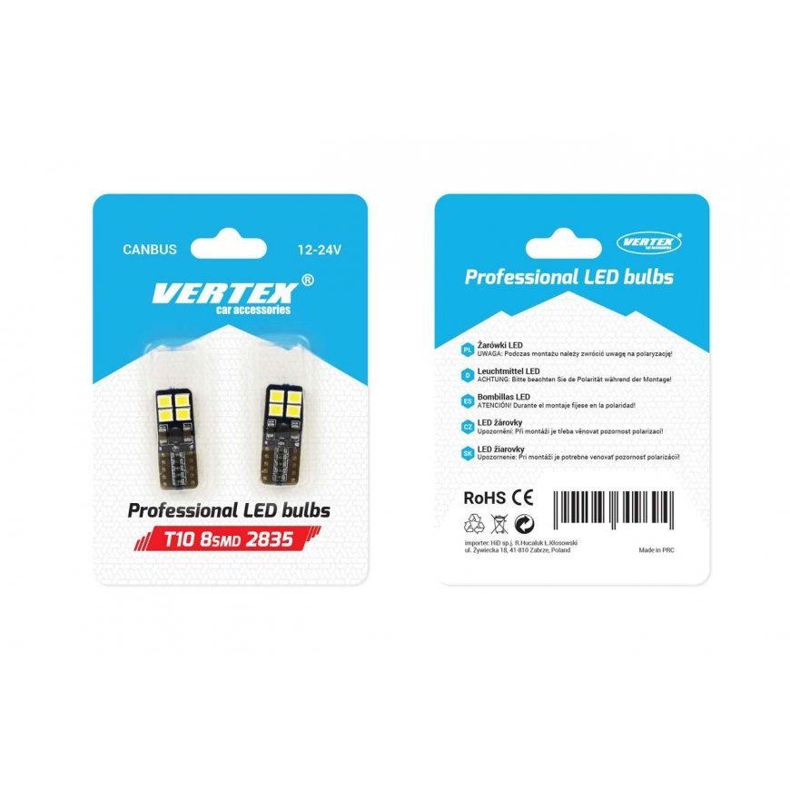 AMiO LED CANBUS 8SMD 2835 T10e (W5W) Baltas 12V/24V – 3