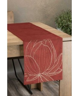 Eurofirany BLINK / 12 Velvet table runner with a large lotus flower pattern, 35X220 cm, color: brick