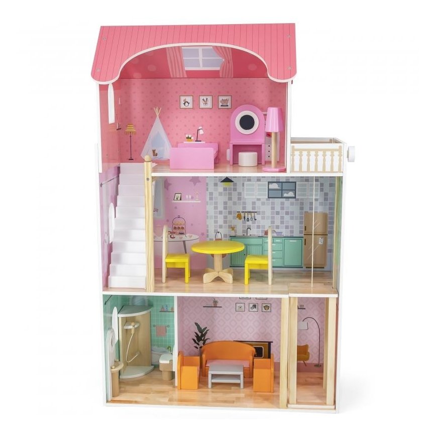 Viga Toys Didelis medinis 3-jų aukštų lėlių namas su baldais Viga – 4