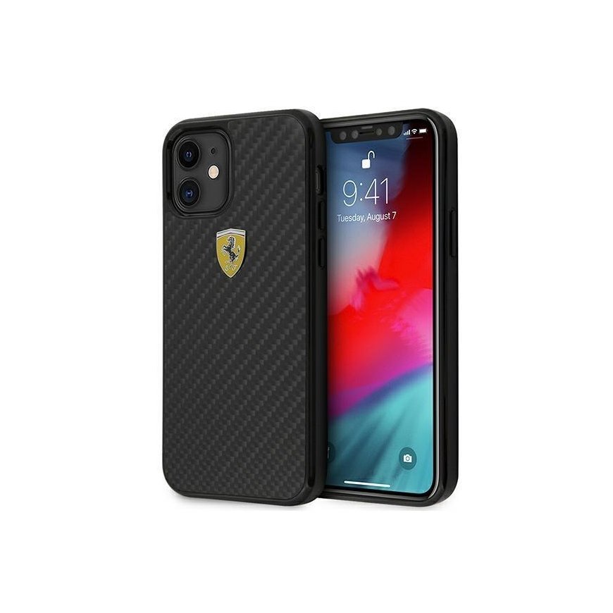 „Ferrari FERCAHCP12SBK iPhone 12 mini 5,4“ juodas/juodas kietas dėklas „On Track Real Carbon“