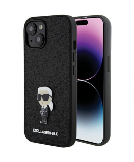Dėklas Karl Lagerfeld KLHCP15SGKNPSK iPhone 15 6.1" juoda|juodas hardcase Fixed Glitter Ikonik Logo Metal Pin