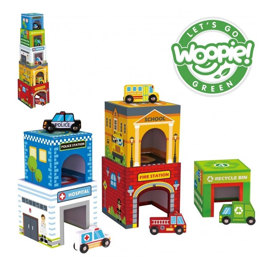 WOOPIE Žalias Cube Puzzle Miesto transporto priemonės dėžėse + figūrėlės 10 el.
