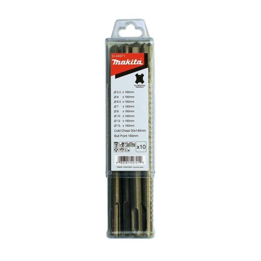 Drill Makita D-44971 SDS-PLUS Set (5.5x160mm 6x160mm 6.5x160mm 7x160mm 8x160mm 10x160mm 12x160mm 15x160mm chisel 160mm chisel 20 – 4