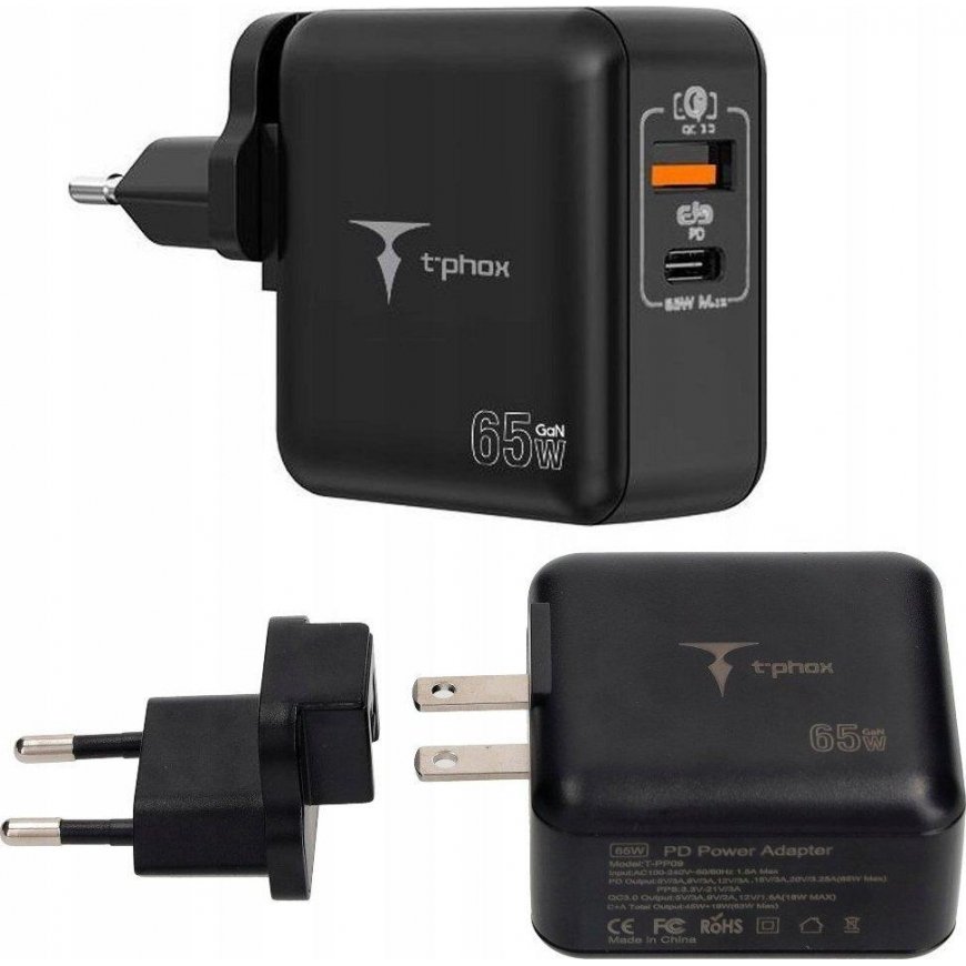 Charger T-Phox ŁAD SIEC T-PHOX MEGA T-PP09 GAN PD 65W USB/USB-C Black