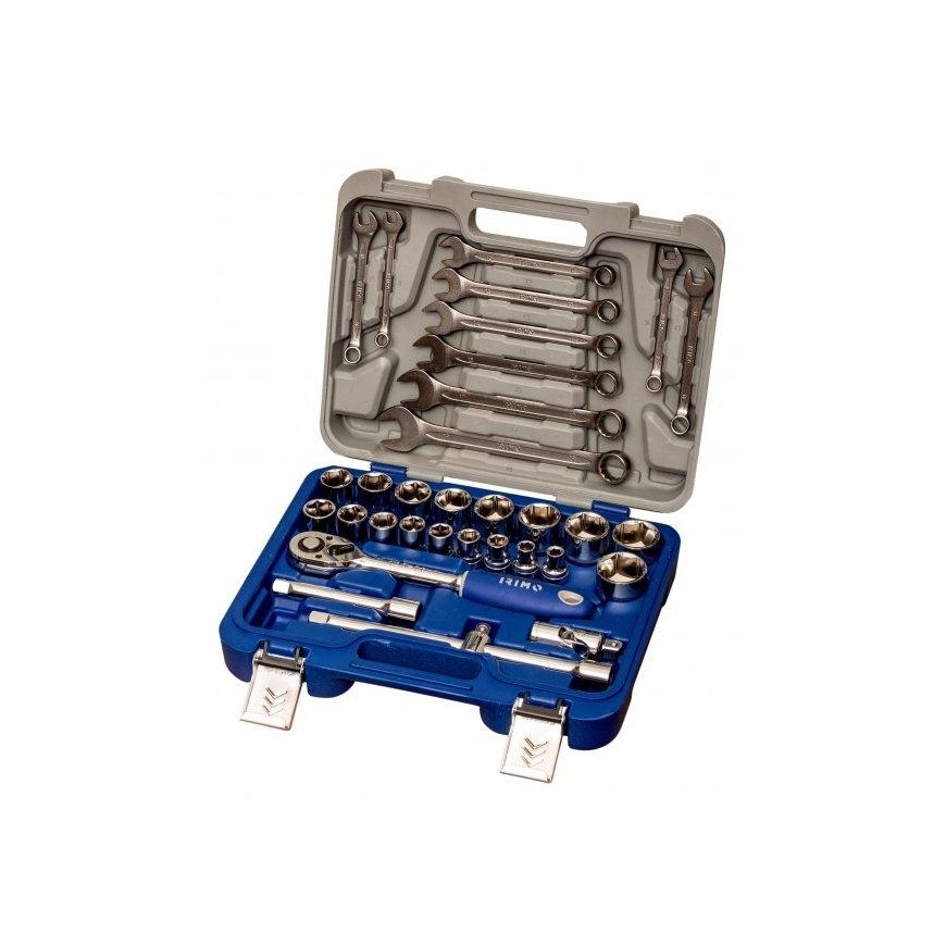 Galvučių, priedų ir terkšlės komplektas 1/2" 23 vnt. 8-32mm IRIMO