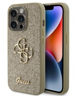 Guess Apple iPhone 15 Pro Fixed Glitter 4G Metal Logo Case Gold