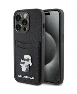 Karl Lagerfeld KLHCP15LSAPKCNPK iPhone 15 Pro 6.1" juoda|juodas kietas dėklas Saffiano Cardslot Karl&Choupette metalinis kaištis