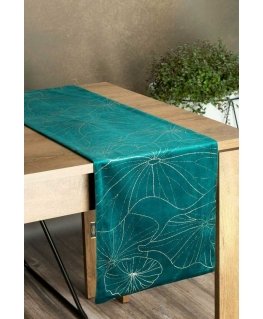 Eurofirany BLINK / 18 Velvet table runner with water lily leaf pattern, 35X180 cm, color: dark turquoise