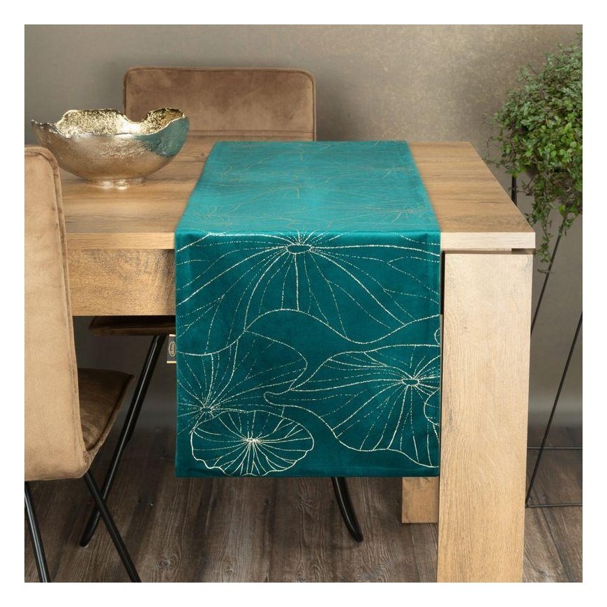 Eurofirany BLINK / 18 Velvet table runner with water lily leaf pattern, 35X180 cm, color: dark turquoise – 2