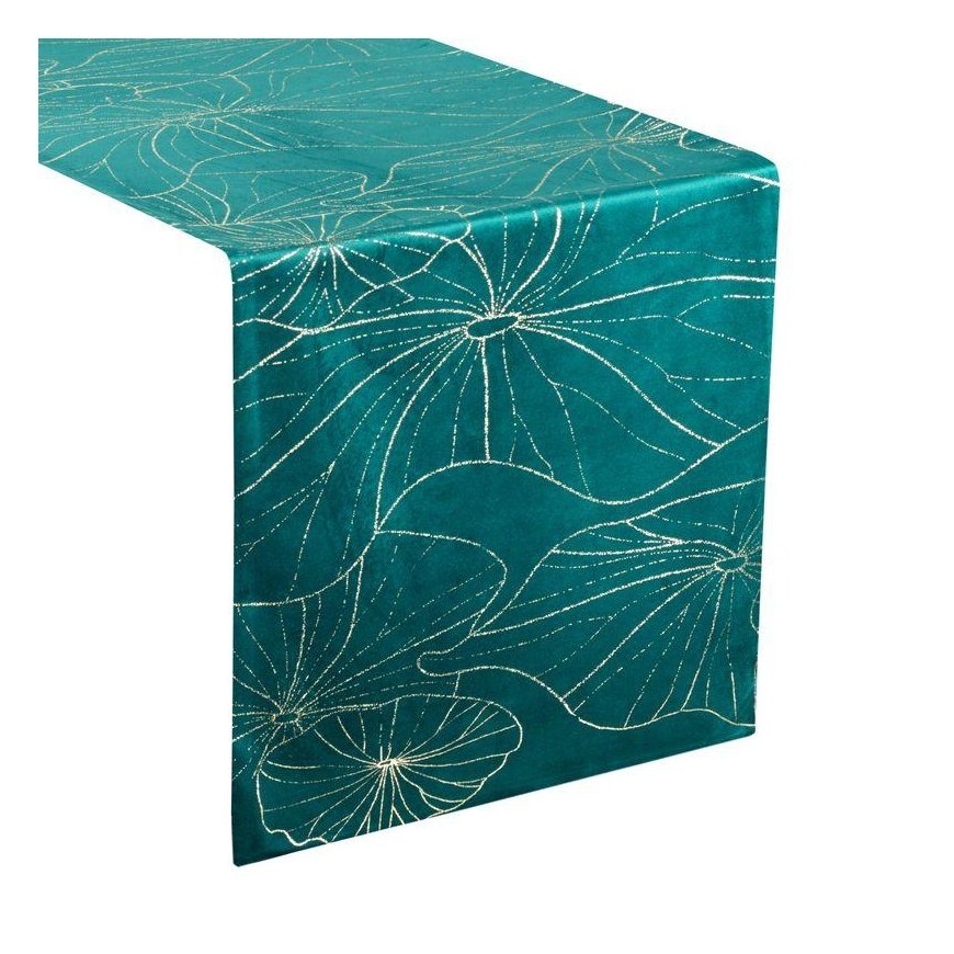 Eurofirany BLINK / 18 Velvet table runner with water lily leaf pattern, 35X180 cm, color: dark turquoise – 3