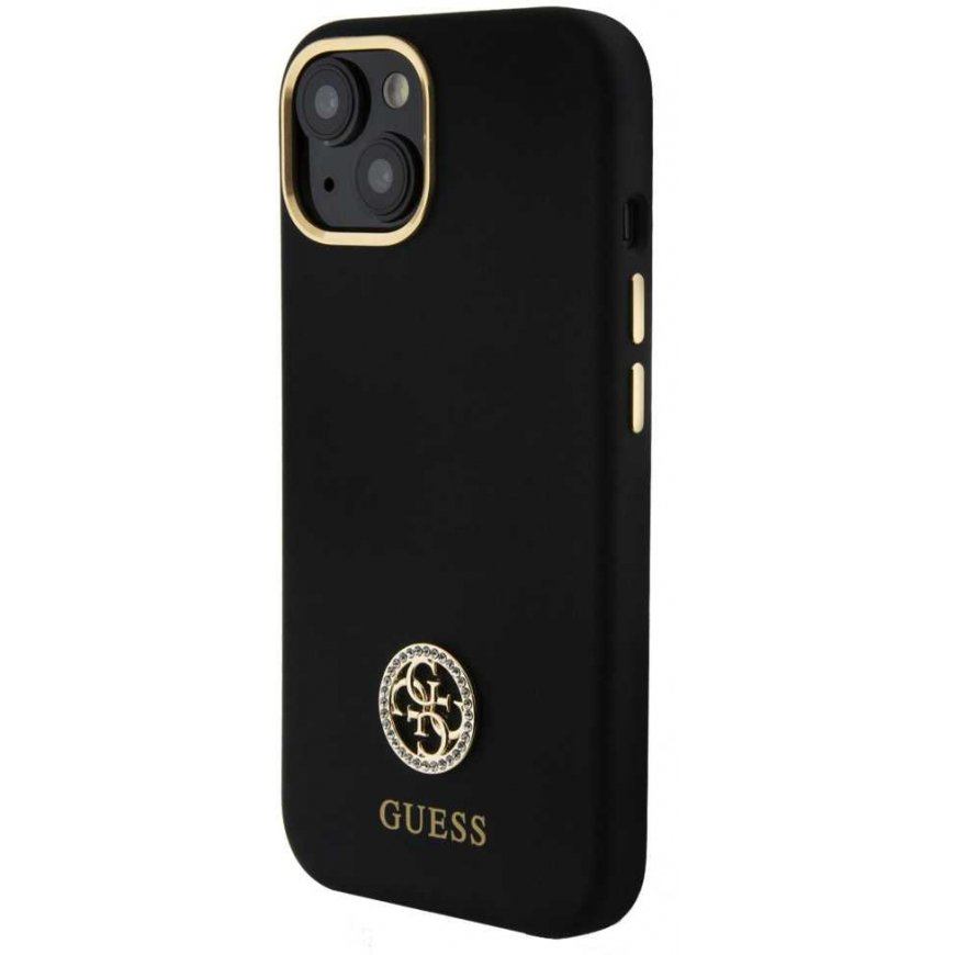 Dėklas Guess Liquid Silicone 4G Strass Metal Logo Case for iPhone 15 Juodas